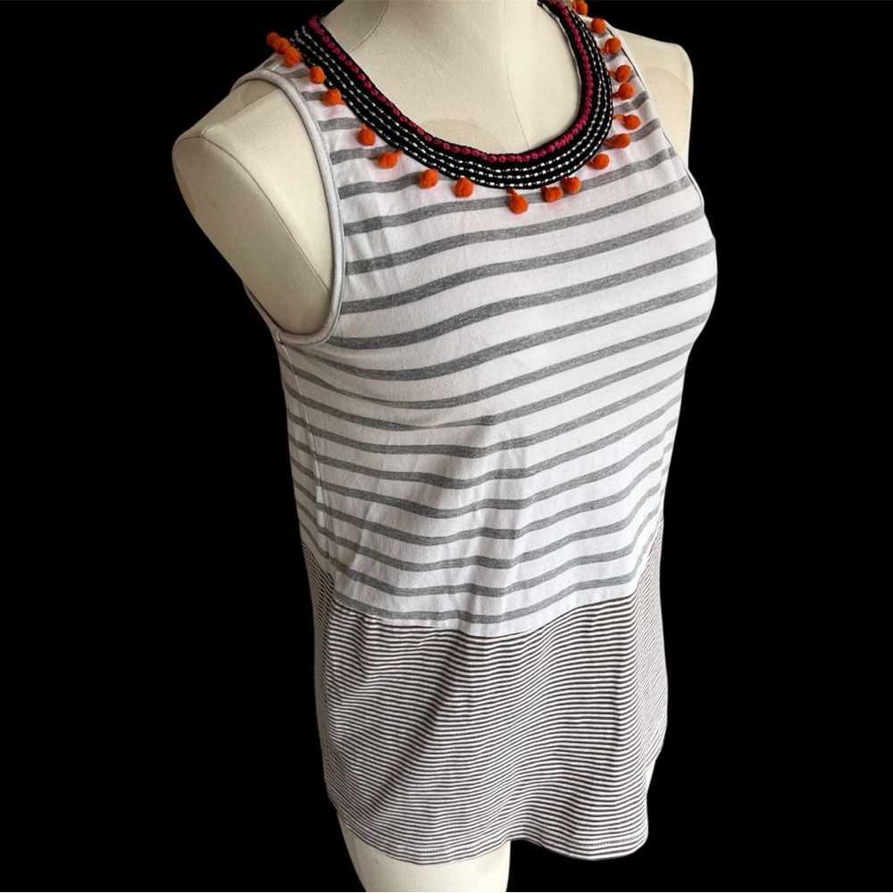 THML sleeveless striped top with pom pom neckline